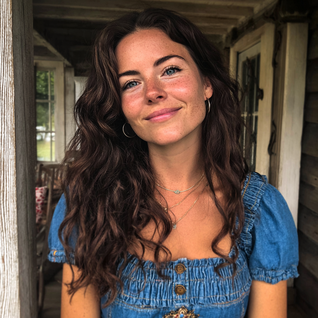 Una mujer sonriente en un porche | Fuente: Midjourney