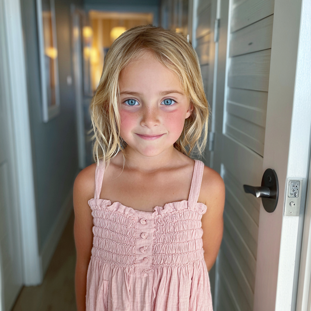Una niña sonriente de pie en un pasillo | Fuente: Midjourney