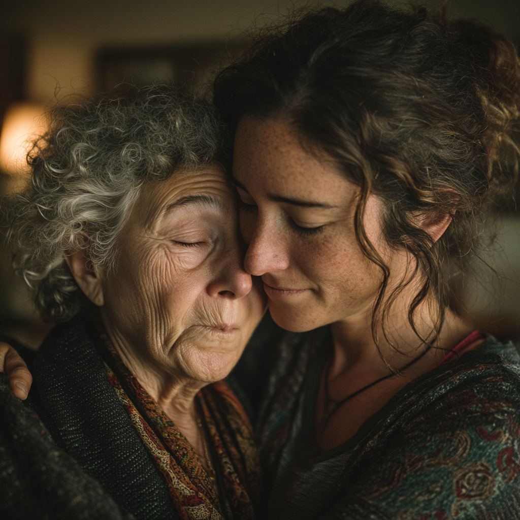 Una mujer triste abrazando a su abuela | Fuente: Midjourney