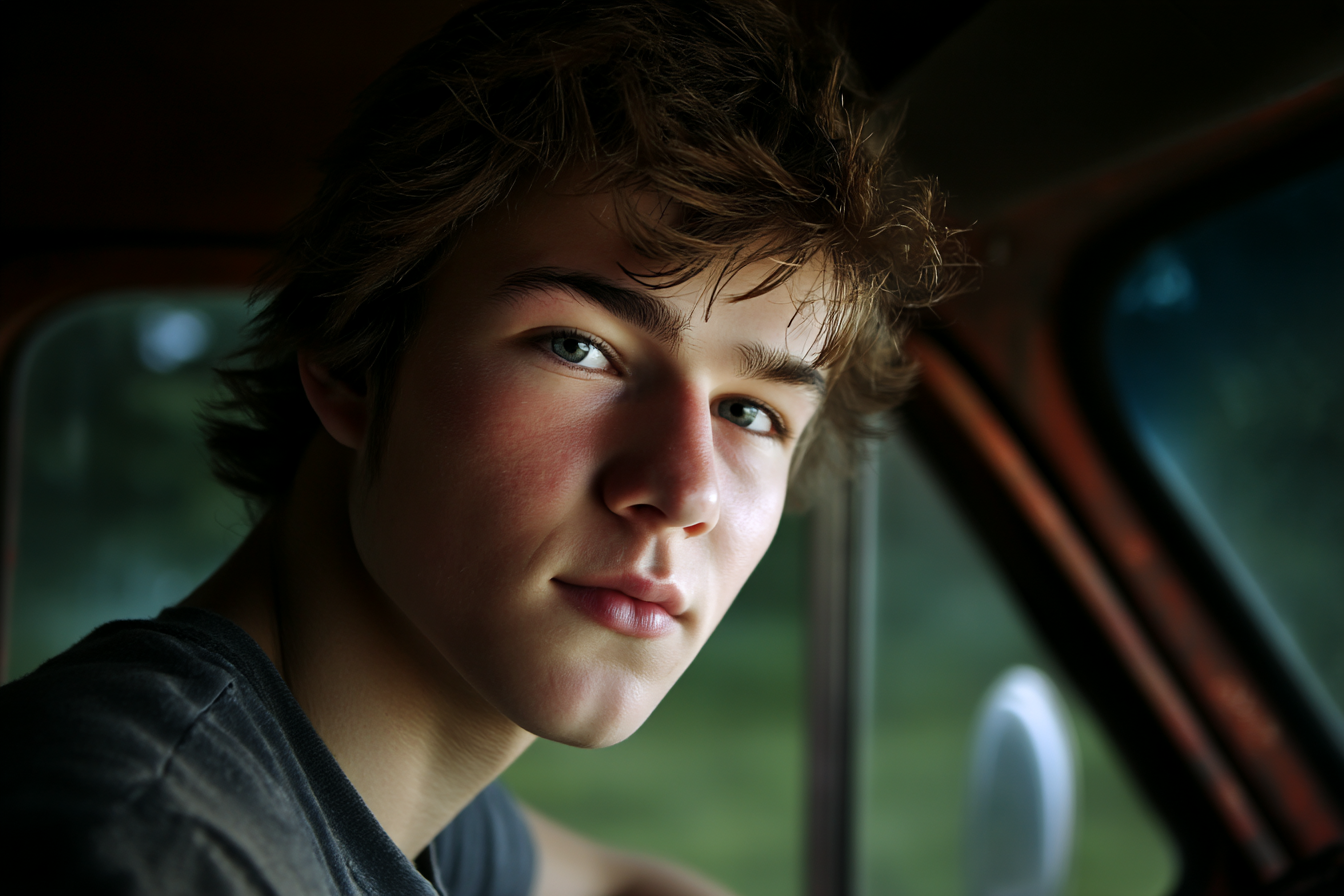 Un adolescente sentado en su automóvil y mirando de reojo | Fuente: Midjourney