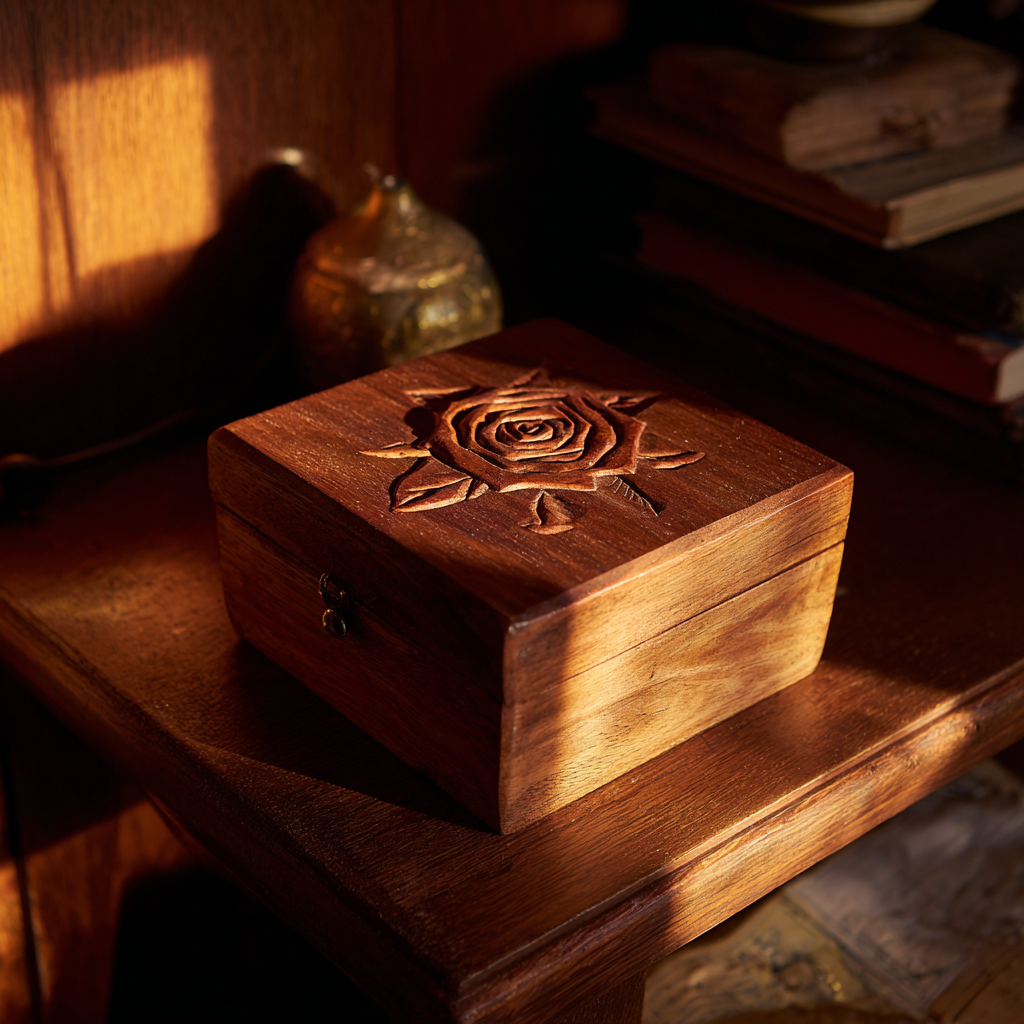 Una cajita de madera sobre una mesilla de noche | Fuente: Midjourney