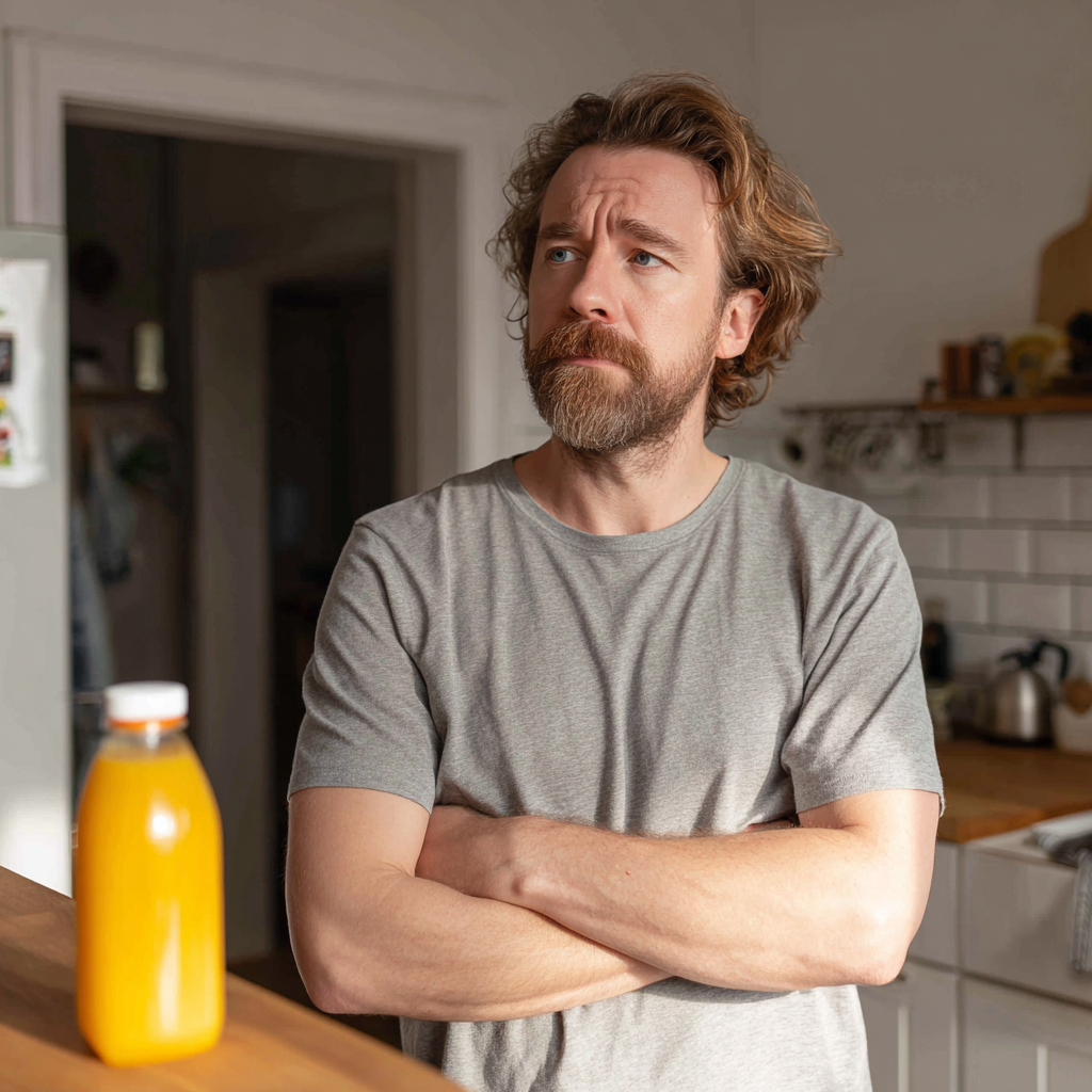 Un hombre ceñudo de pie en una cocina | Fuente: Midjourney