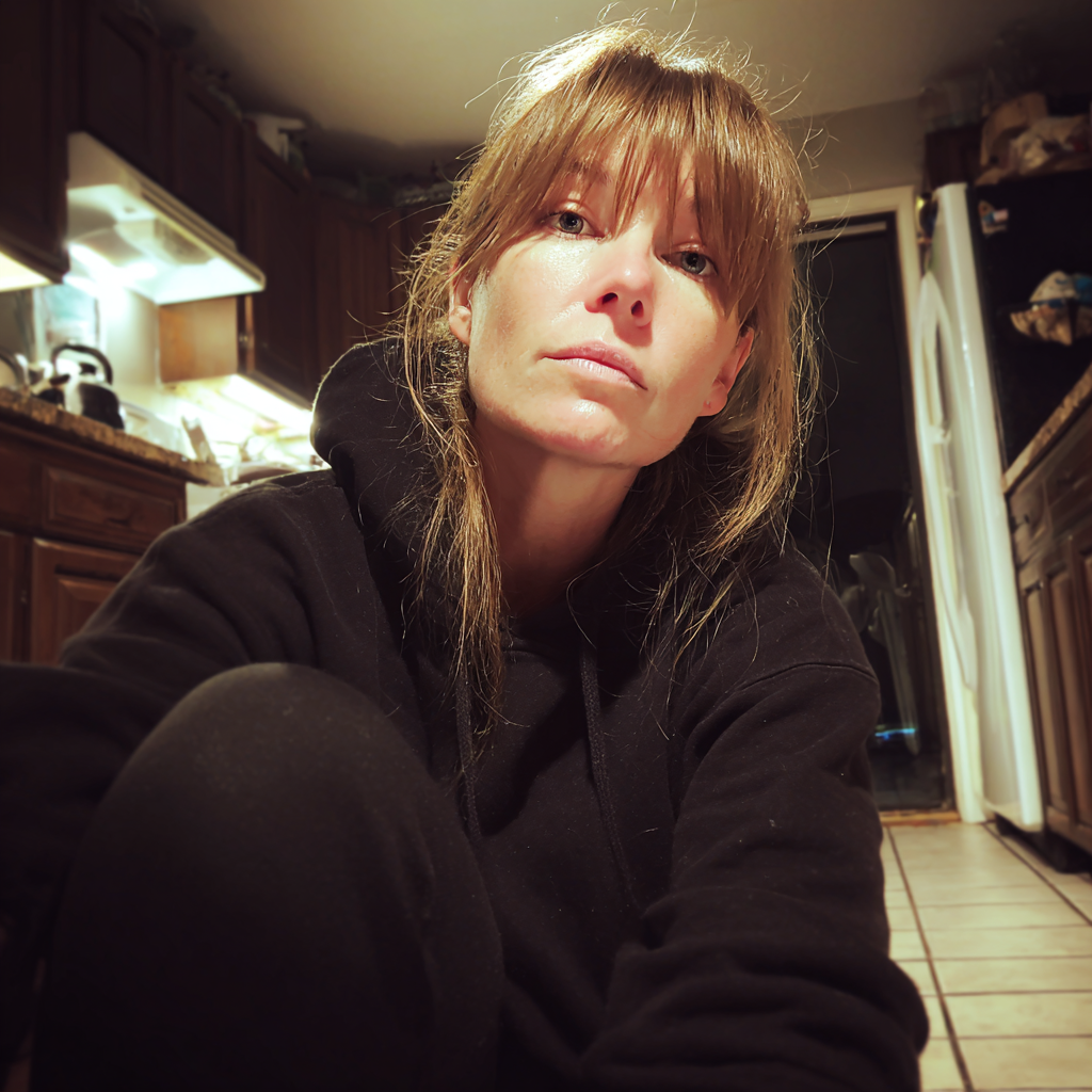 Una mujer sentada en el suelo de una cocina por la noche | Fuente: Midjourney