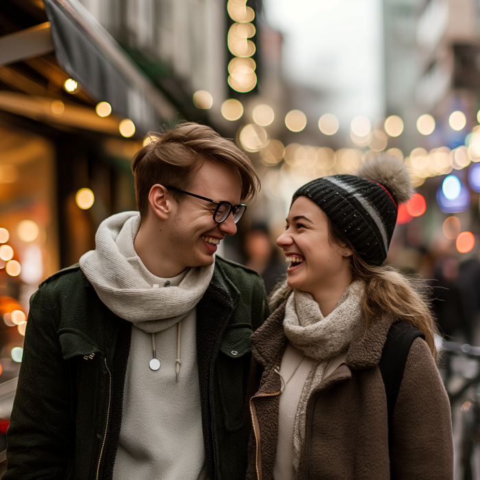 Una pareja disfrutando mientras exploran juntos la ciudad | Fuente: Midjourney