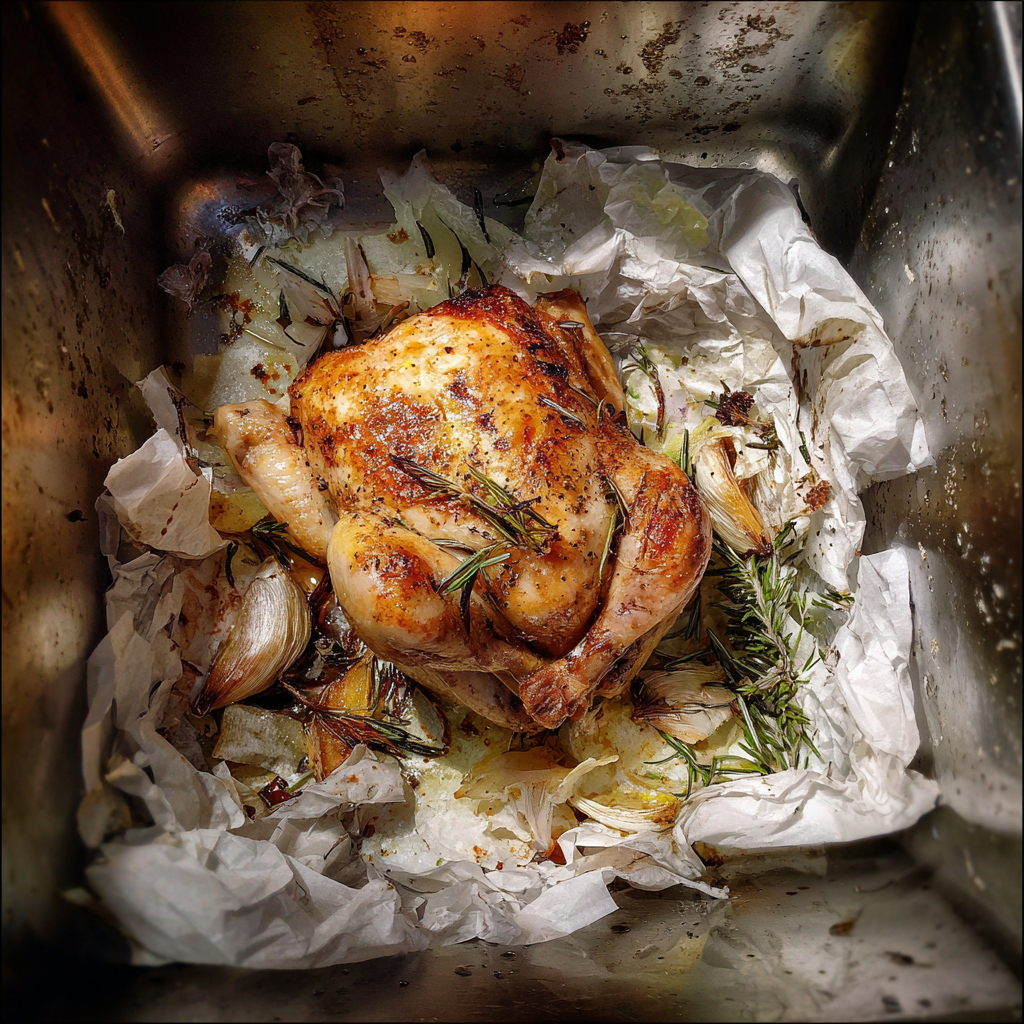 Un pollo asado arrojado a un contenedor de acero inoxidable | Fuente: Midjourney