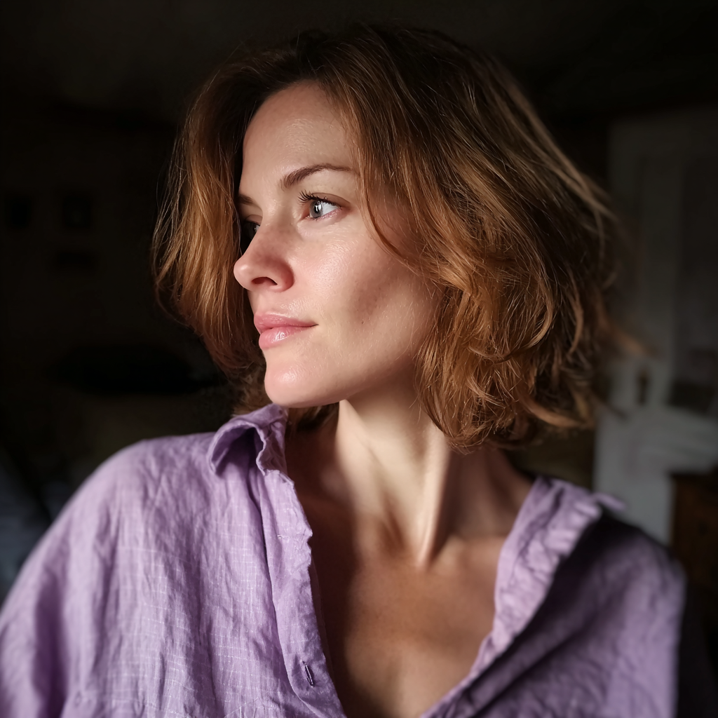 Una mujer pensativa de pie en un dormitorio | Fuente: Midjourney