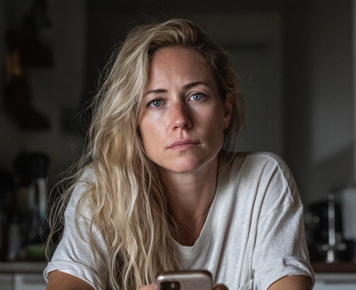 Una mujer sentada en una mesa y utilizando su teléfono | Fuente: Midjourney