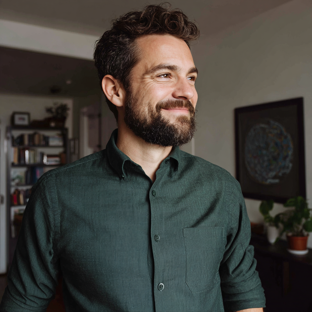 Un hombre sonriente de pie en un Apartamento | Fuente: Midjourney