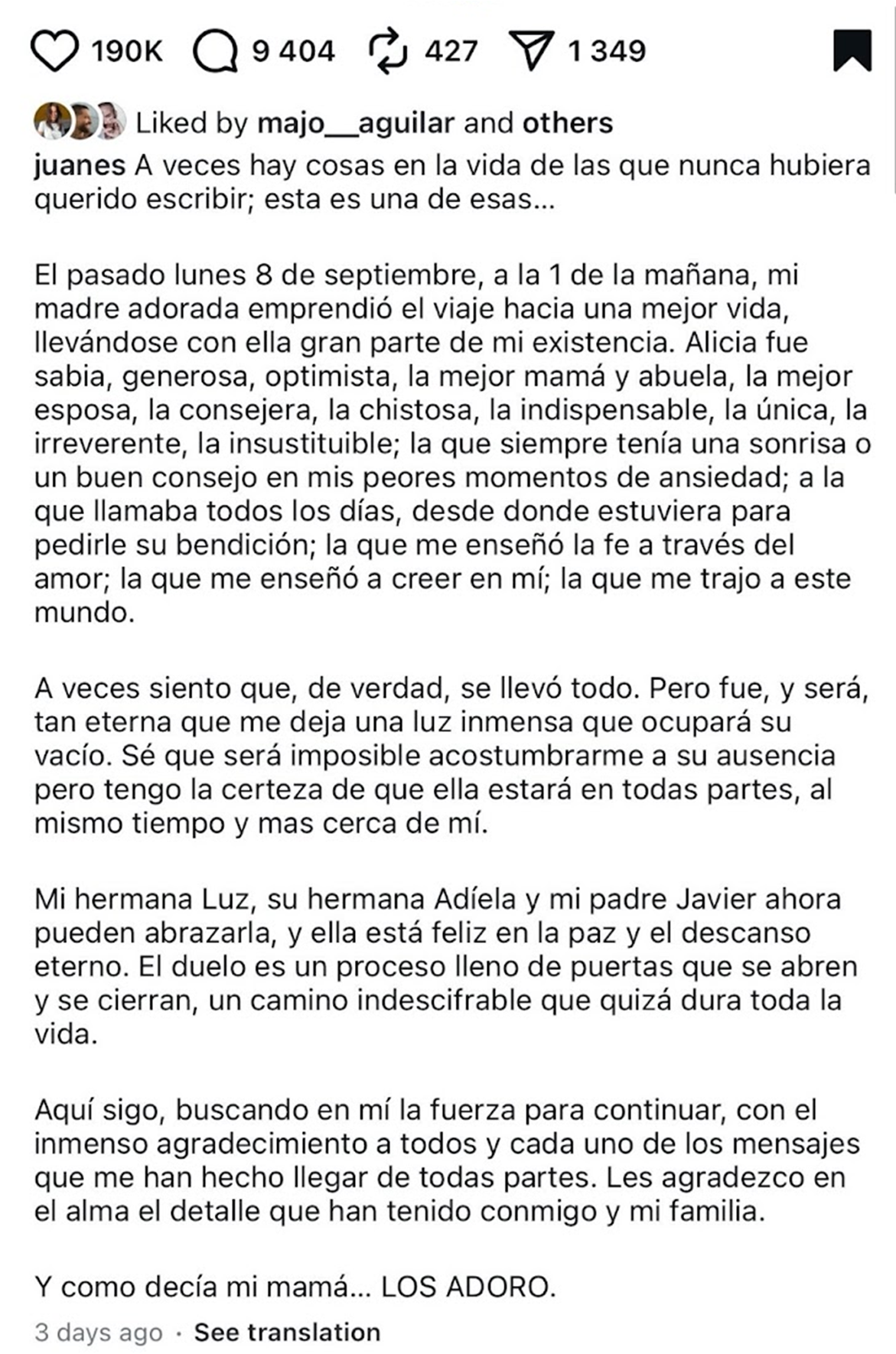 Carta de Juanes a su difunta madre. | Fuente: Instagram/juanes
