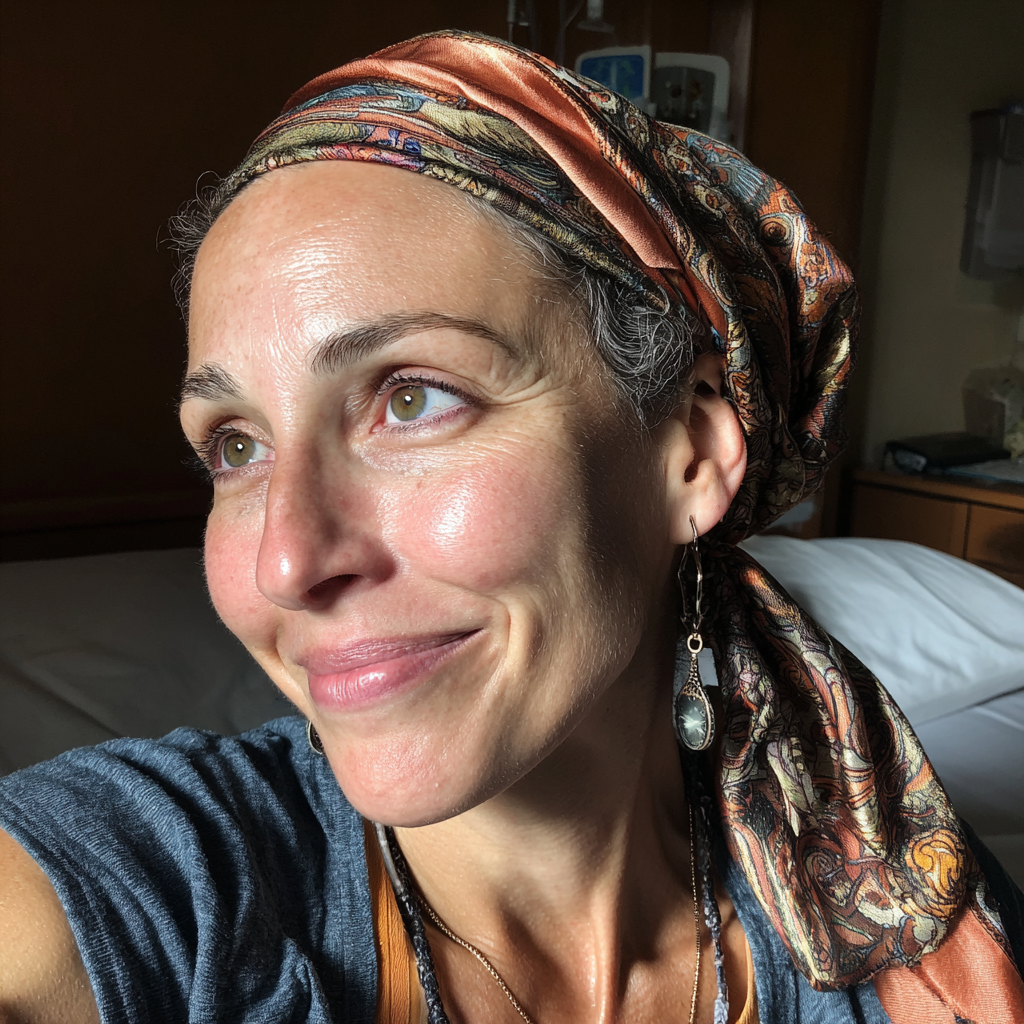 Una mujer sonriente con un pañuelo en la cabeza | Fuente: Midjourney