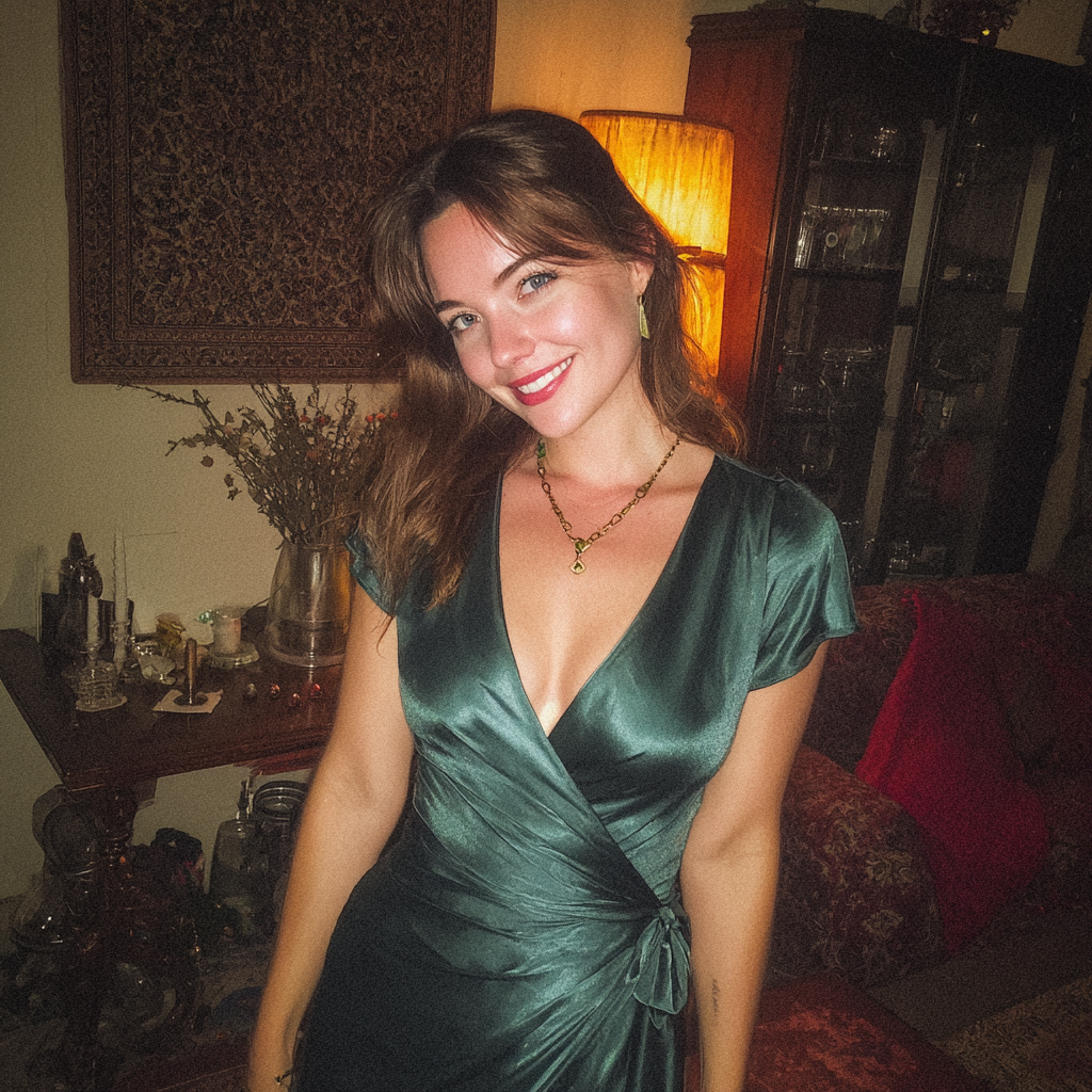 Una mujer sonriente con un vestido de seda verde | Fuente: Midjourney