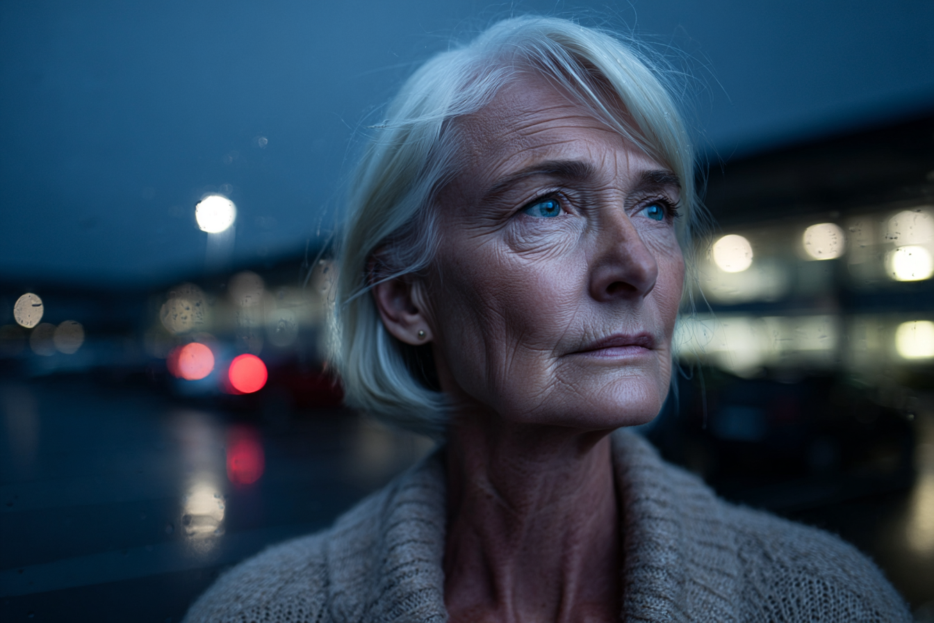 Una mujer mayor de pie en un aparcamiento | Fuente: Midjourney