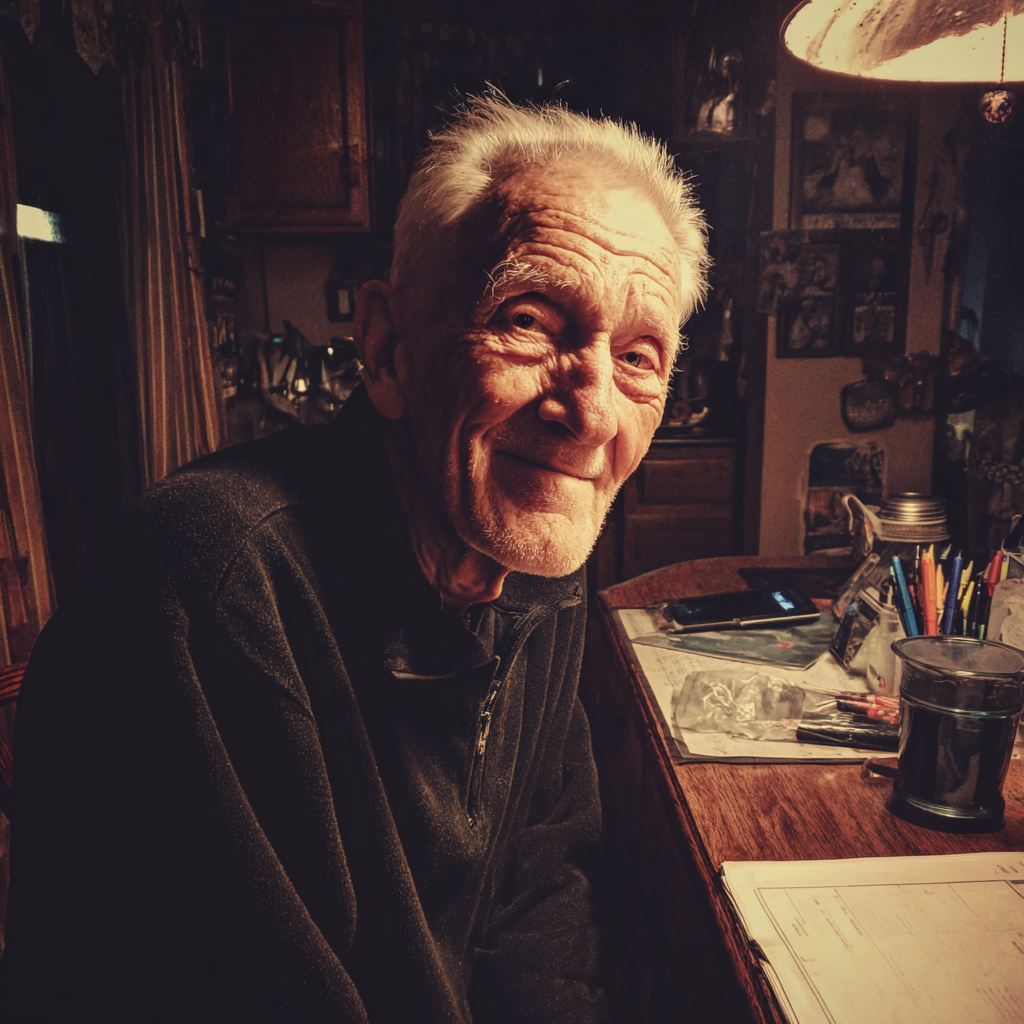 Un anciano sentado a la mesa de la cocina | Fuente: Midjourney