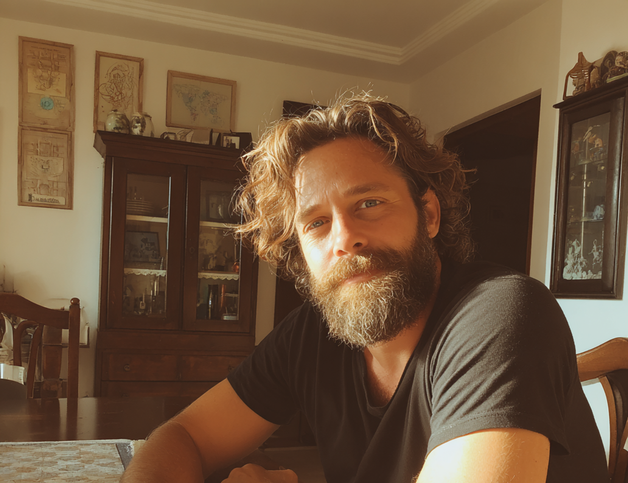 Un hombre sonriendo sentado a la mesa del comedor | Fuente: Midjourney