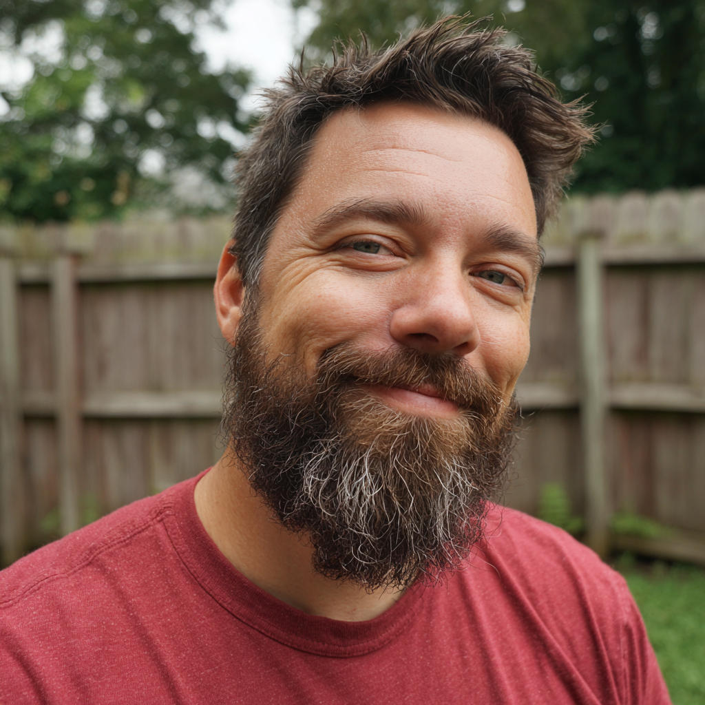 Un hombre sonriente con una camiseta roja | Fuente: Midjourney