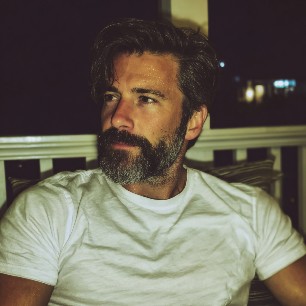 Un hombre sentado en un porche de noche | Fuente: Midjourney