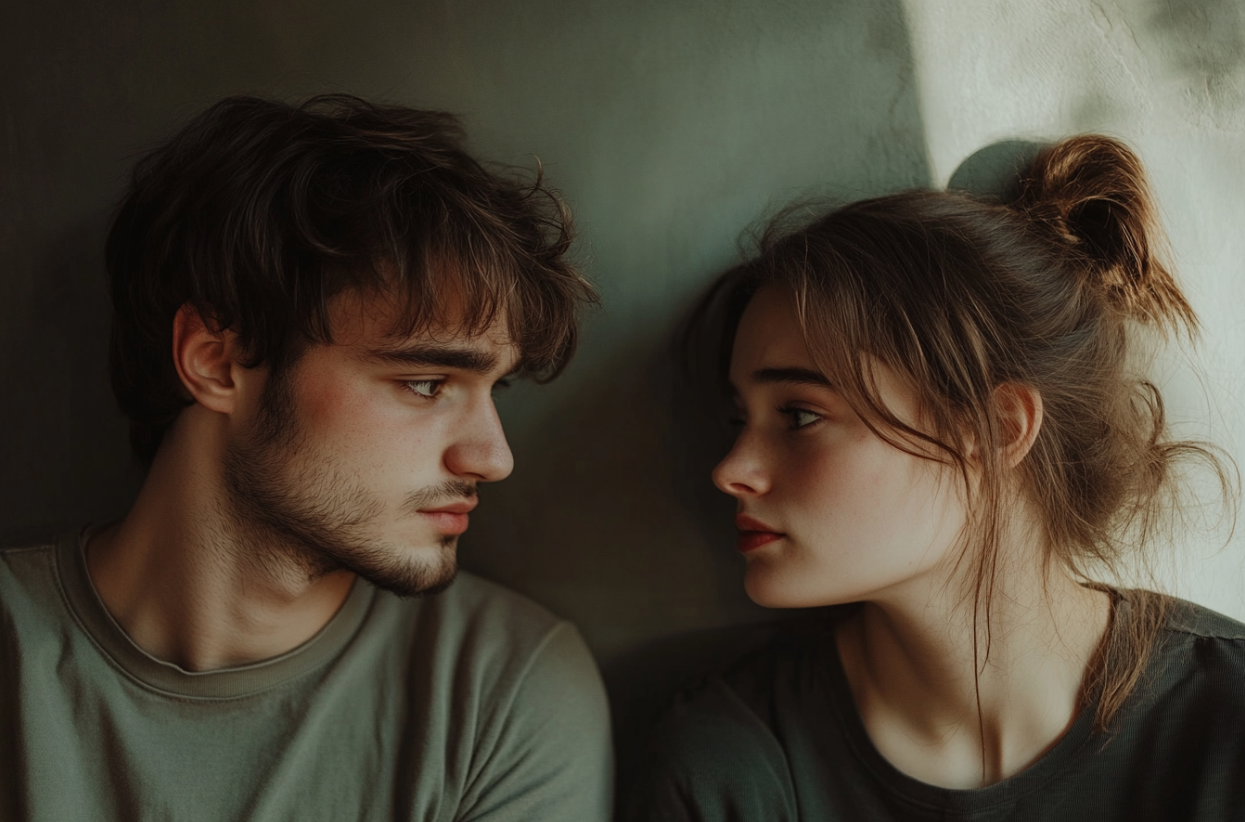 Una pareja compartiendo una mirada seria | Fuente: Midjourney