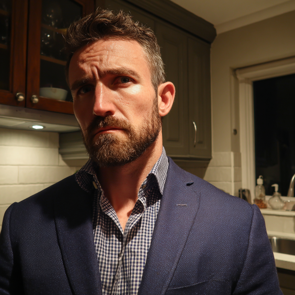 Un hombre con el ceño fruncido de pie en una cocina | Fuente: Midjourney