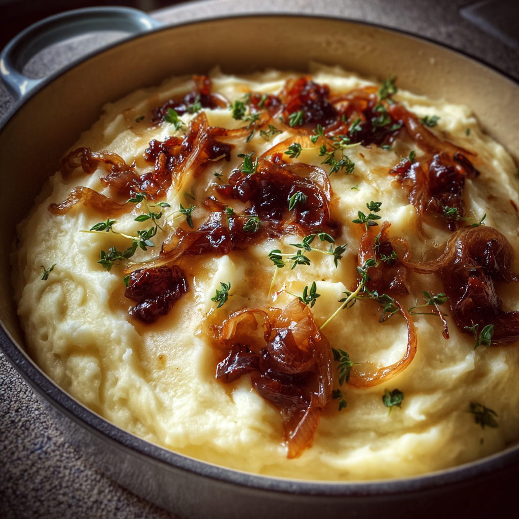 Una olla de puré de patatas y cebollas caramelizadas | Fuente: Midjourney