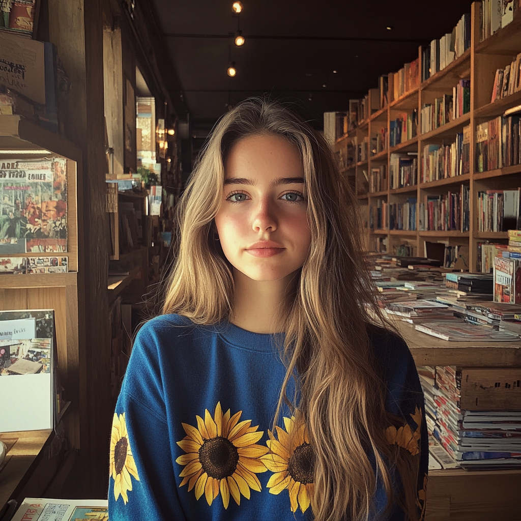 Una joven de pie en una librería | Fuente: Midjourney