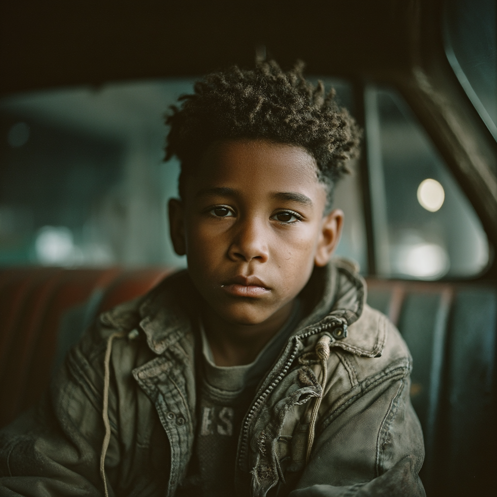 Un niño triste en el asiento trasero de un automóvil | Fuente: Midjourney