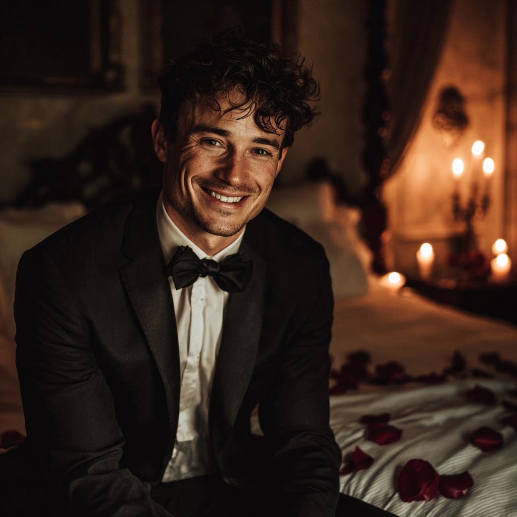Un novio sonriente sentado en una cama | Fuente: Midjourney