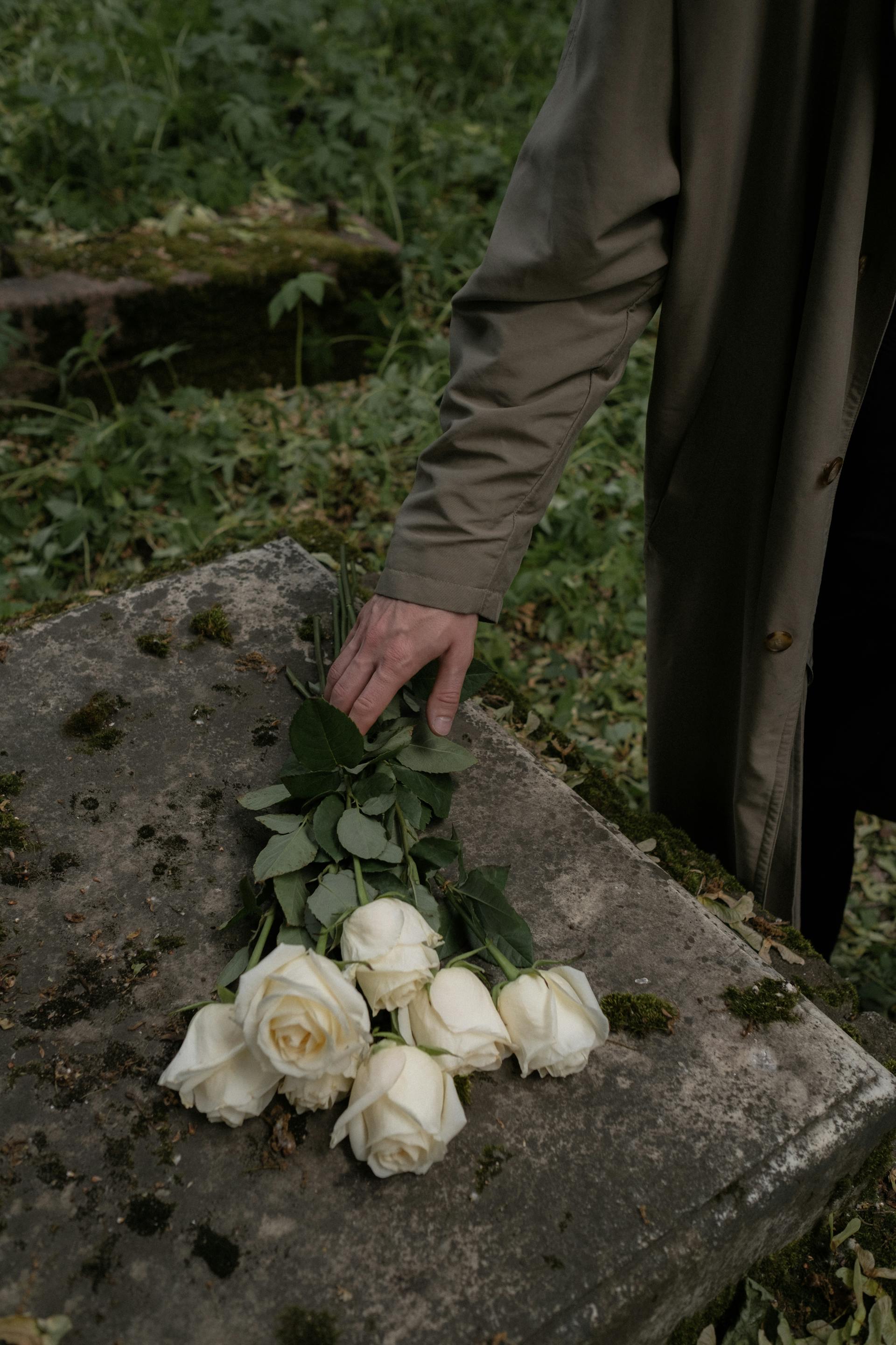 Un hombre colocando rosas blancas sobre una superficie de hormigón | Fuente: Pexels