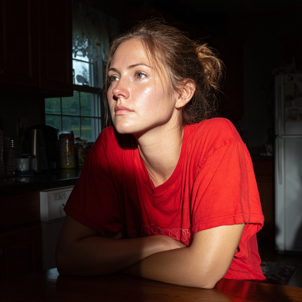 Una mujer sentada a la mesa de la cocina | Fuente: Midjourney
