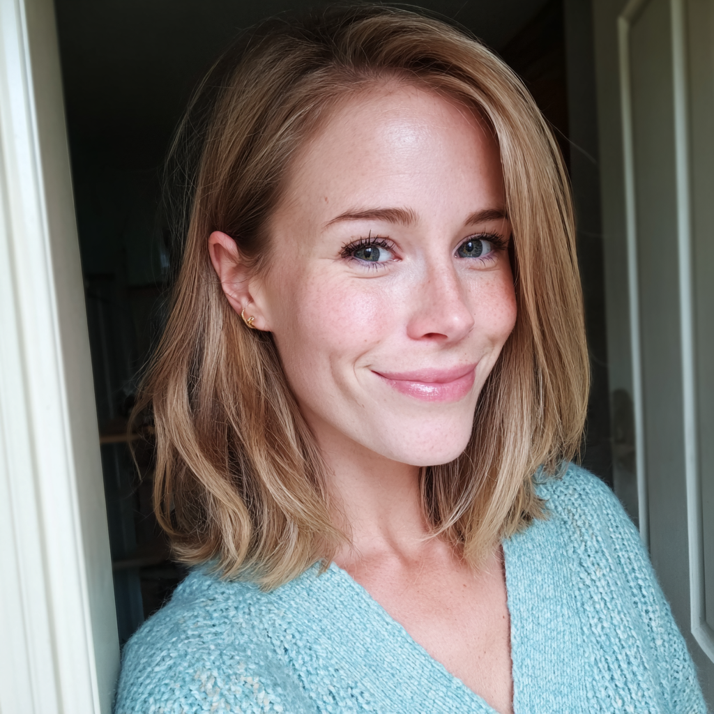 Una mujer sonriente con una rebeca azul | Fuente: Midjourney