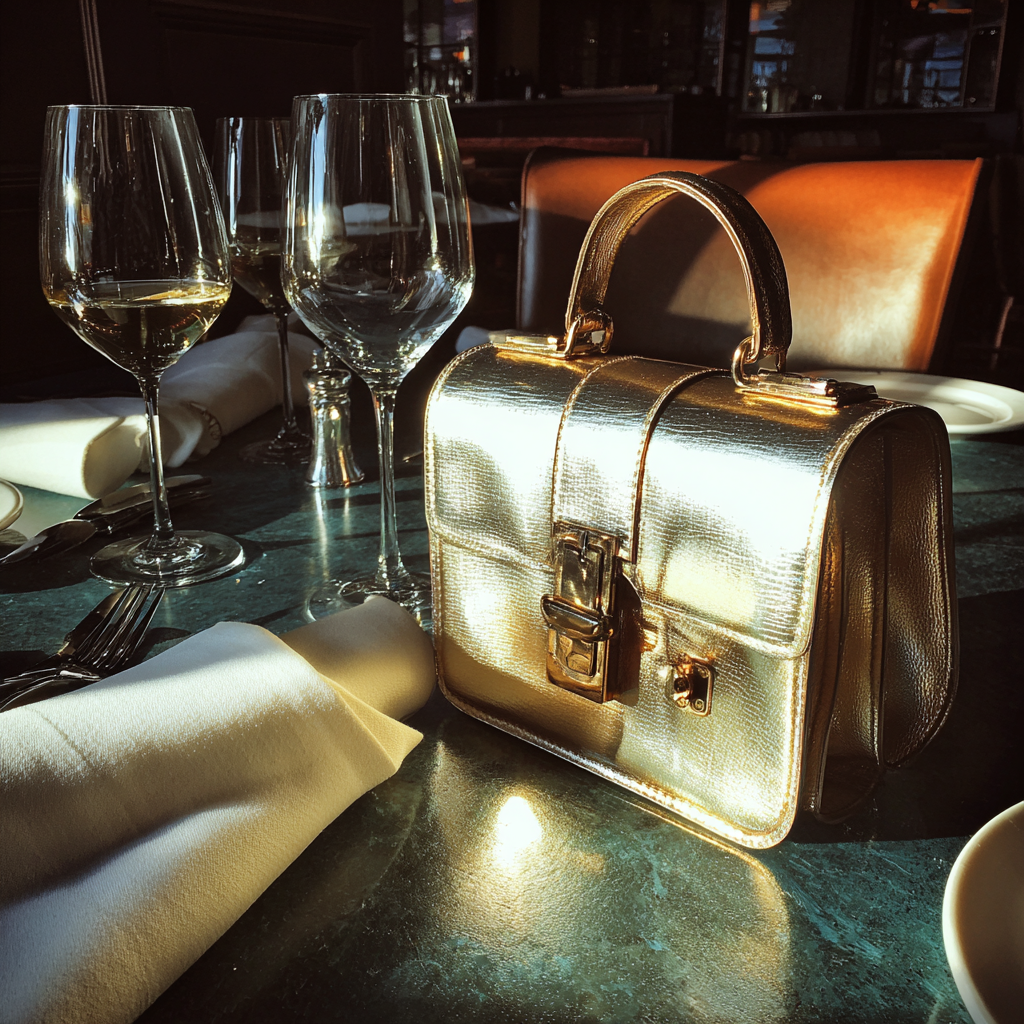 Un bolso dorado sobre una mesa | Fuente: Midjourney
