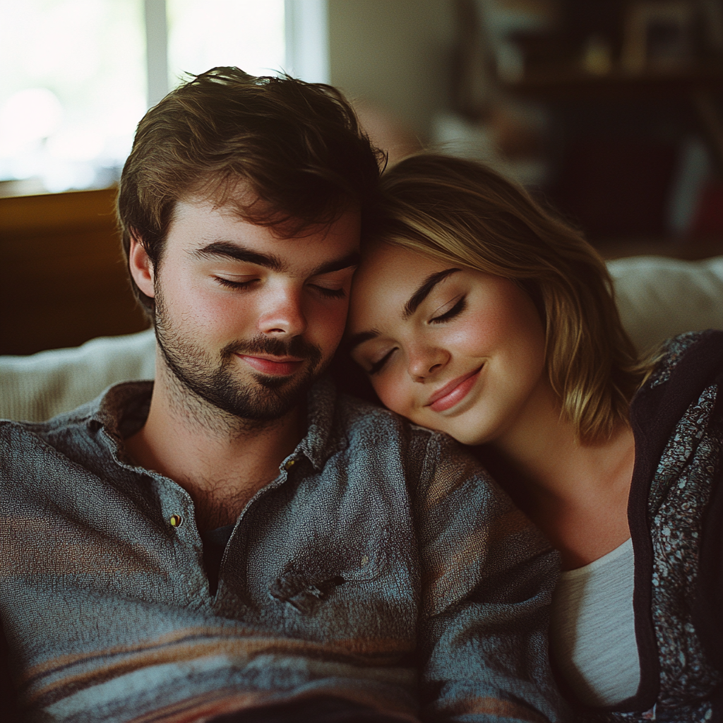 Una pareja feliz acurrucada en un sofá | Fuente: Midjourney
