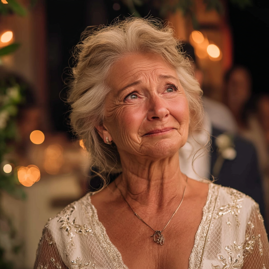 Una mujer mayor parece triste y emocionada en una boda | Fuente: Midjourney