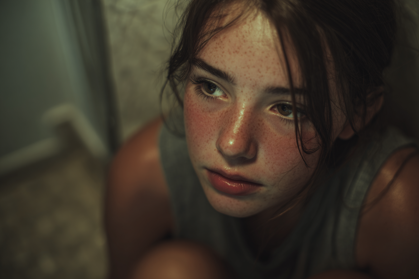 Una chica sentada en un baño | Fuente: Midjourney