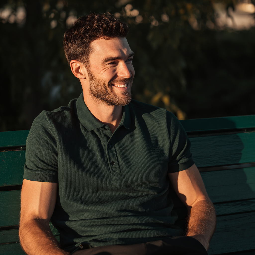 Un hombre sonriente sentado en un banco del parque | Fuente: Midjourney