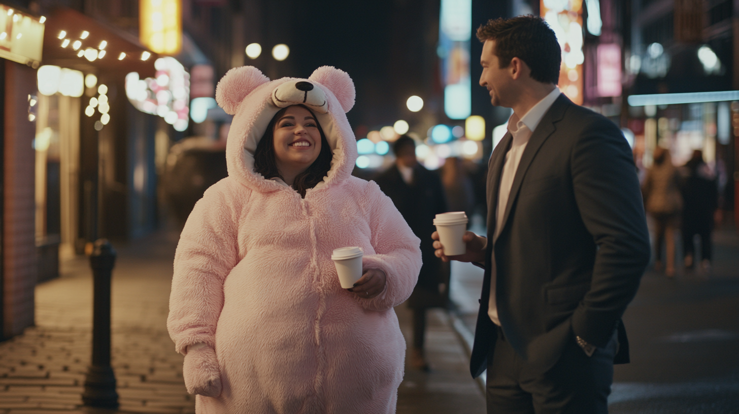 Mujer disfrazada de oso rosa hablando con un hombre | Fuente: Midjourney