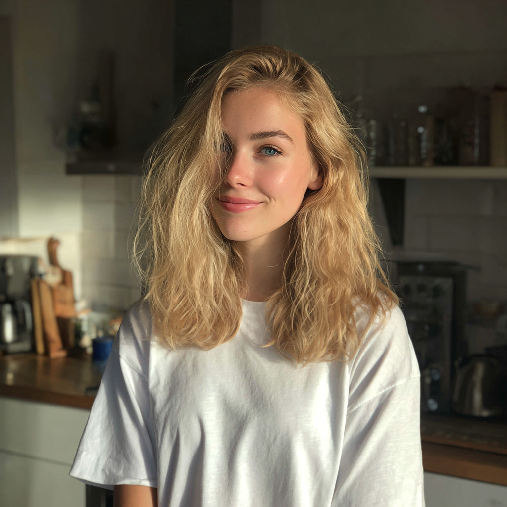 Una mujer sonriente de pie en una cocina | Fuente: Midjourney