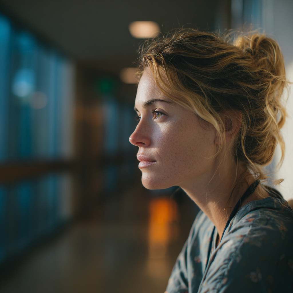 Una mujer esperando en el pasillo de un hospital | Fuente: Midjourney