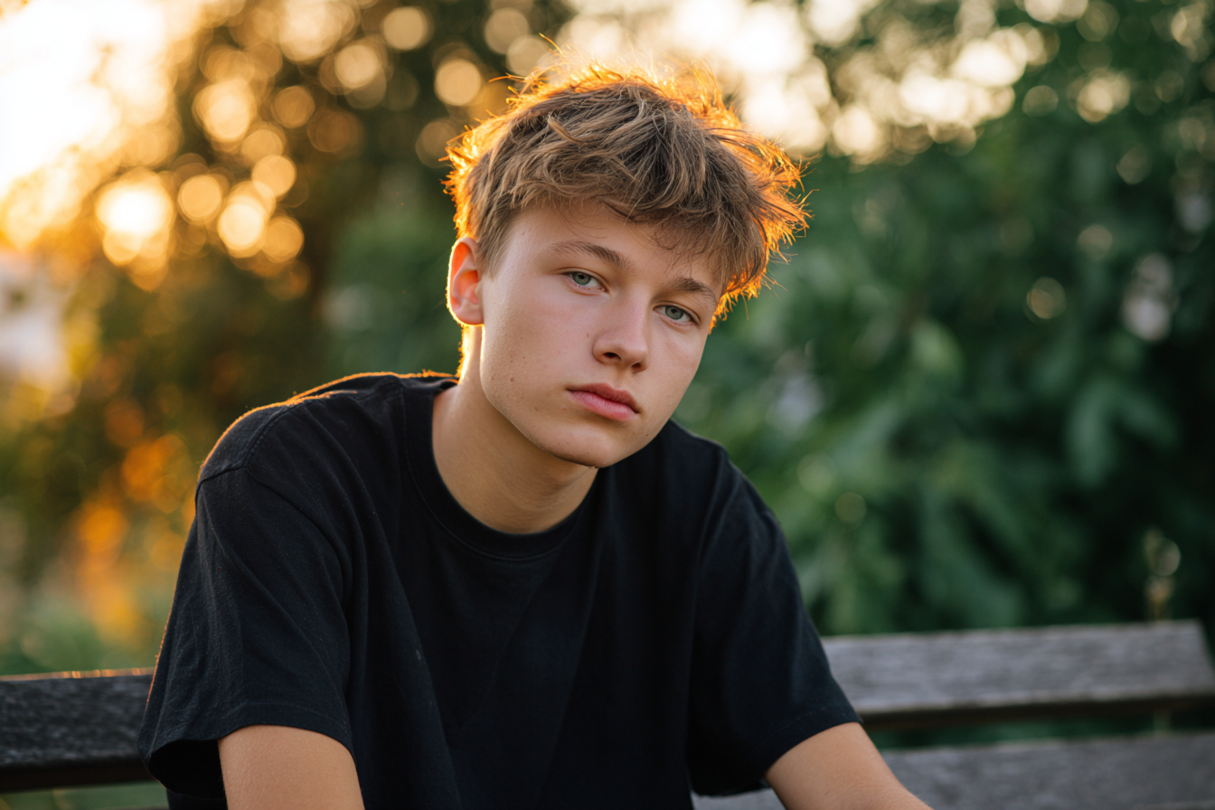 Un adolescente sentado al aire libre | Fuente: Midjourney