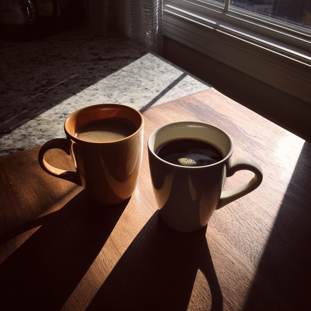 Dos tazas de café sobre una tabla de madera | Fuente: Midjourney