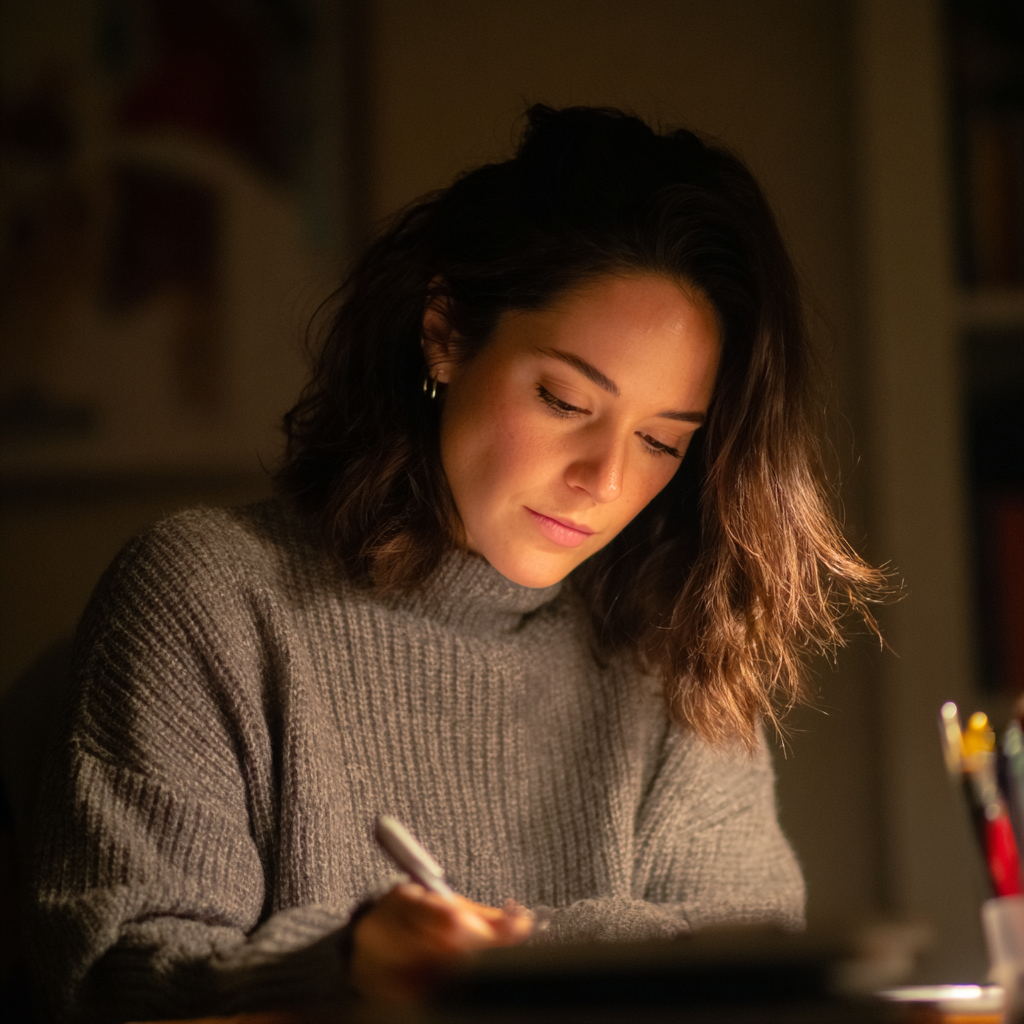 Una mujer pensativa escribiendo en un cuaderno | Fuente: Midjourney