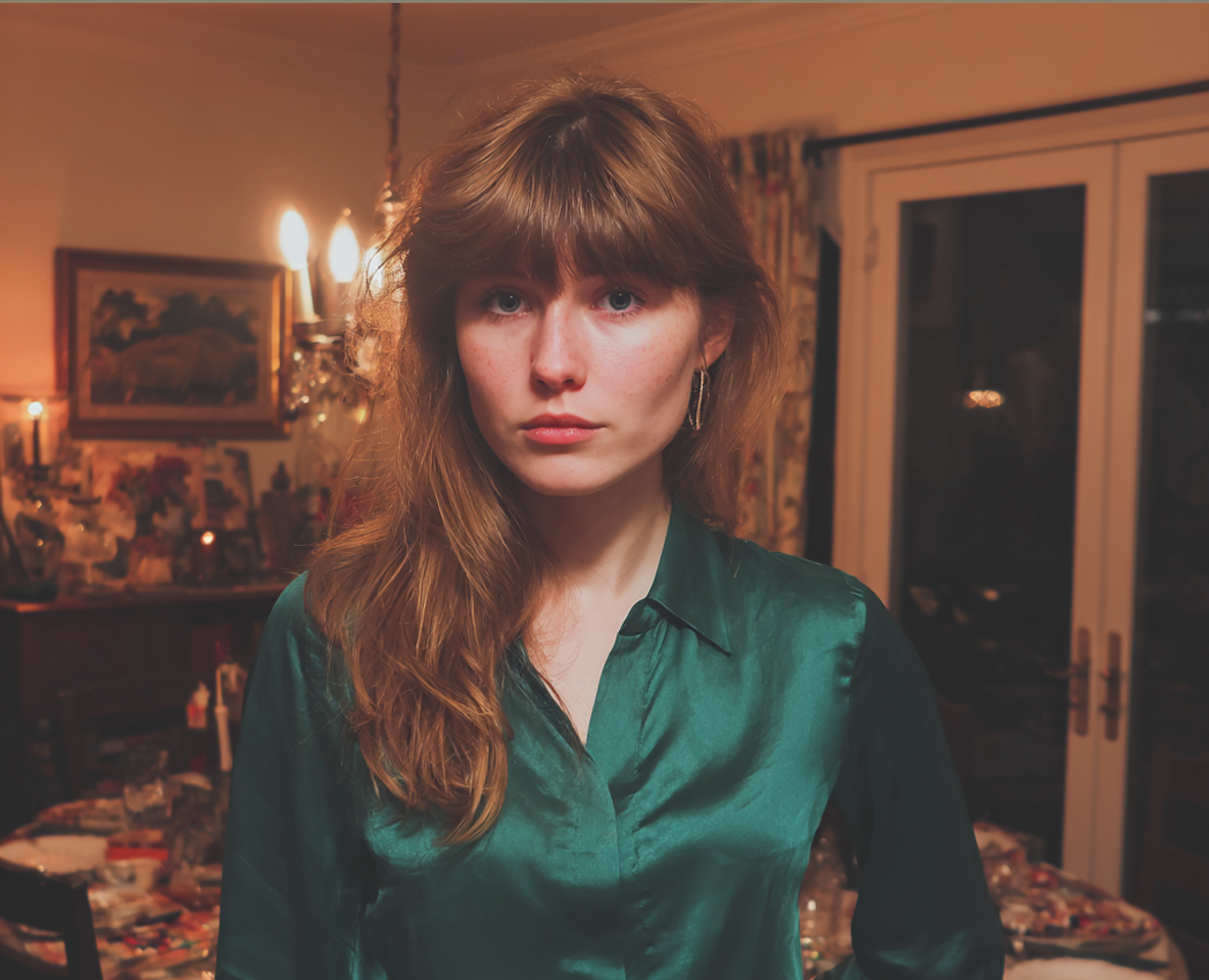Una mujer pensativa con una blusa verde | Fuente: Midjourney