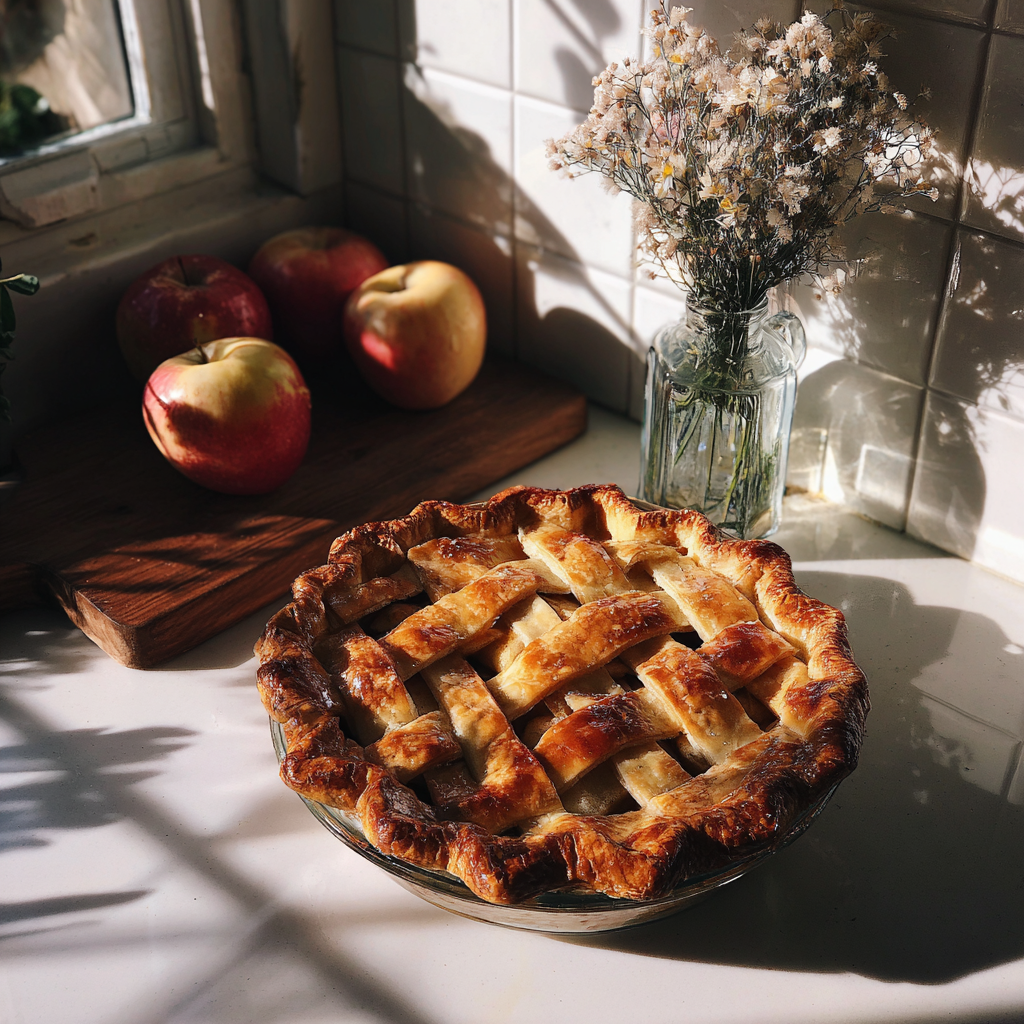 Una tarta de manzana casera en la encimera de la cocina | Fuente: Midjourney