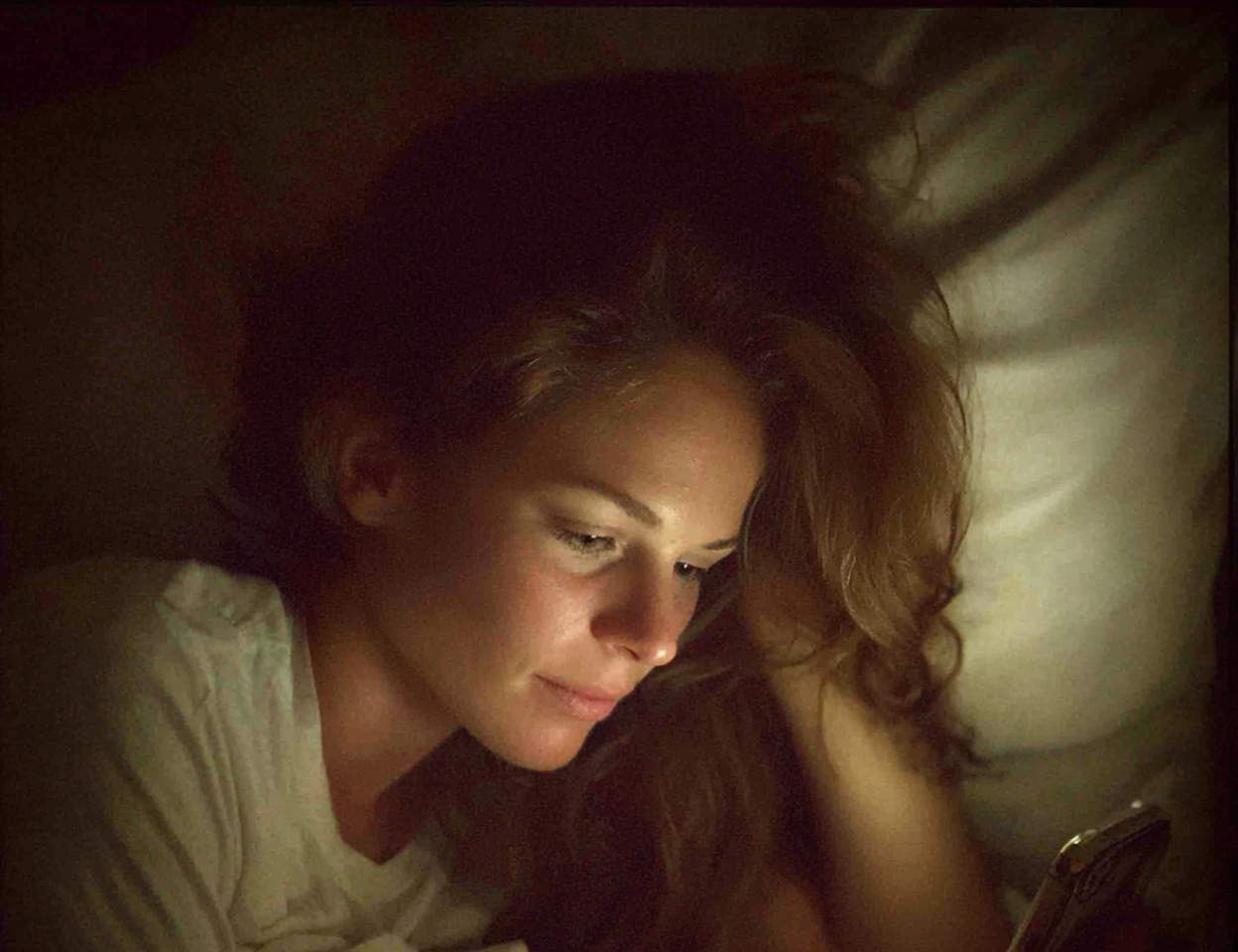 Una mujer tumbada en la cama y utilizando su teléfono | Fuente: Midjourney