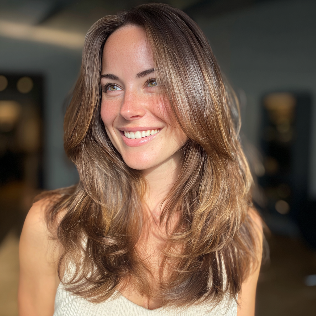 Una mujer sonriente con un vestido blanco | Fuente: Midjourney