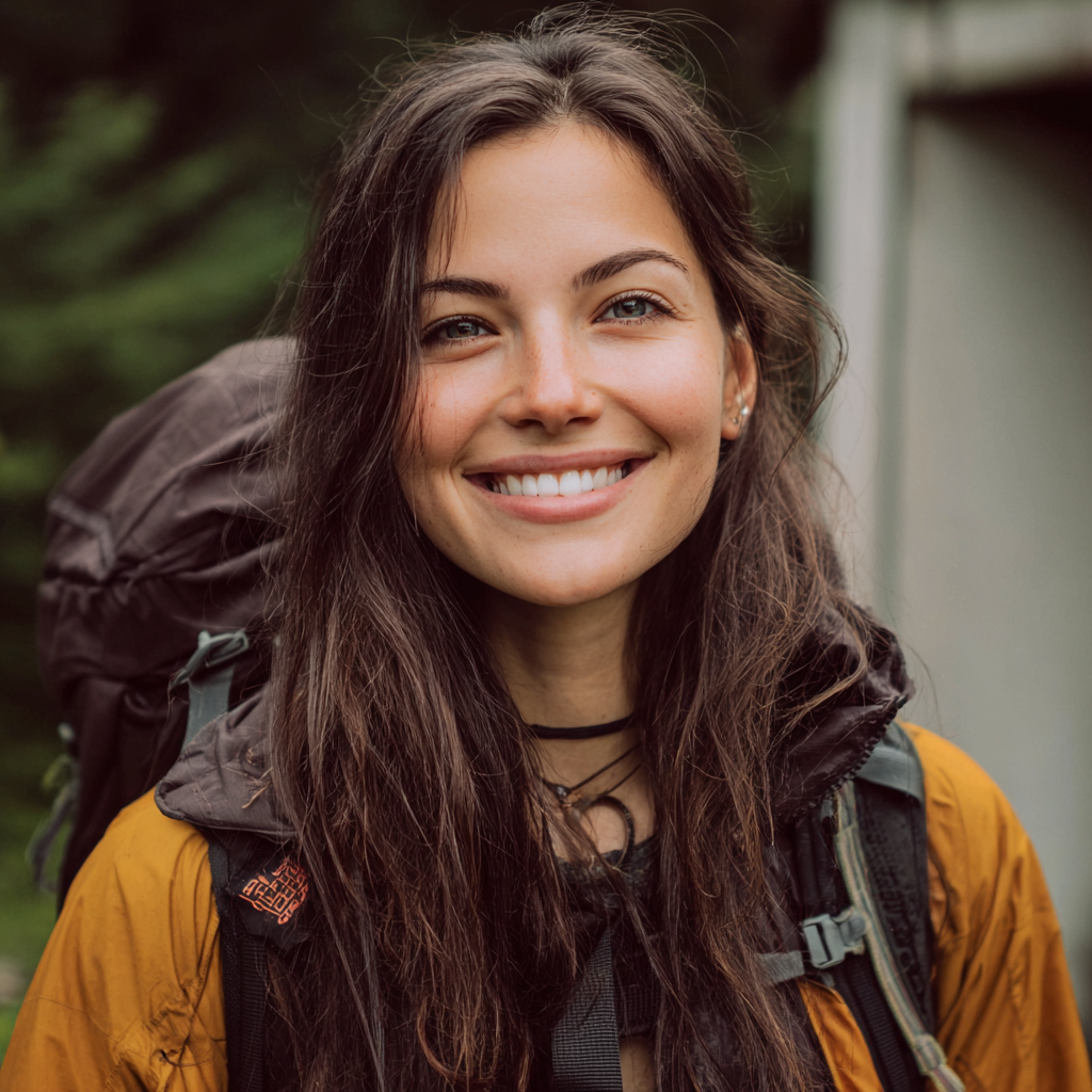 Una mujer sonriente en una ruta de senderismo | Fuente: Midjourney
