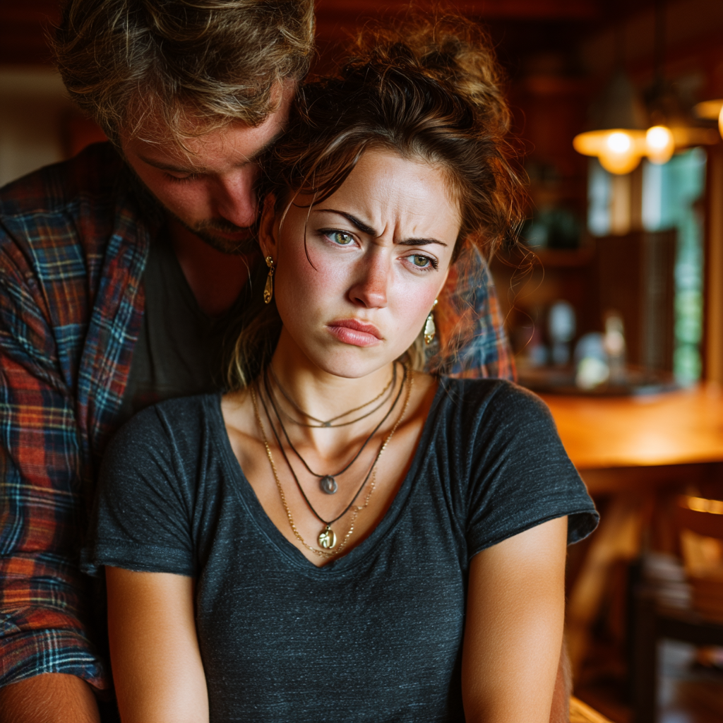 Una mujer moleta consolada por un hombre | Fuente: Midjourney