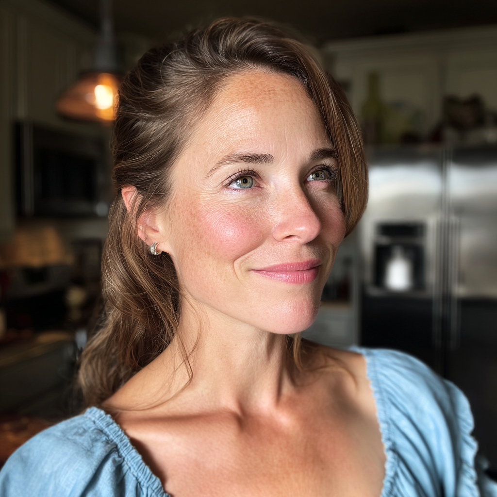 Una mujer sonriente de pie en una cocina | Fuente: Midjourney