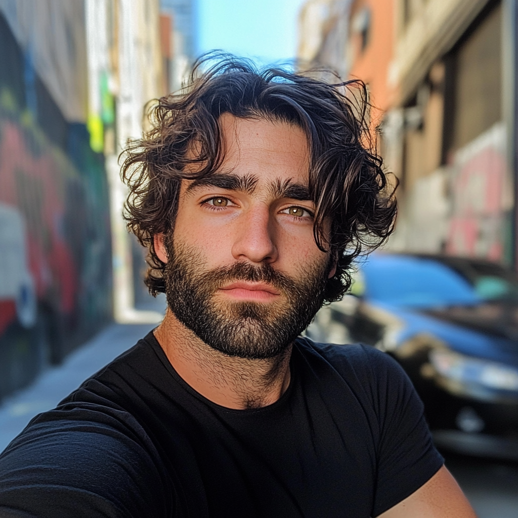 Un hombre pensativo con una camiseta negra y de pie en un callejón | Fuente: Midjourney