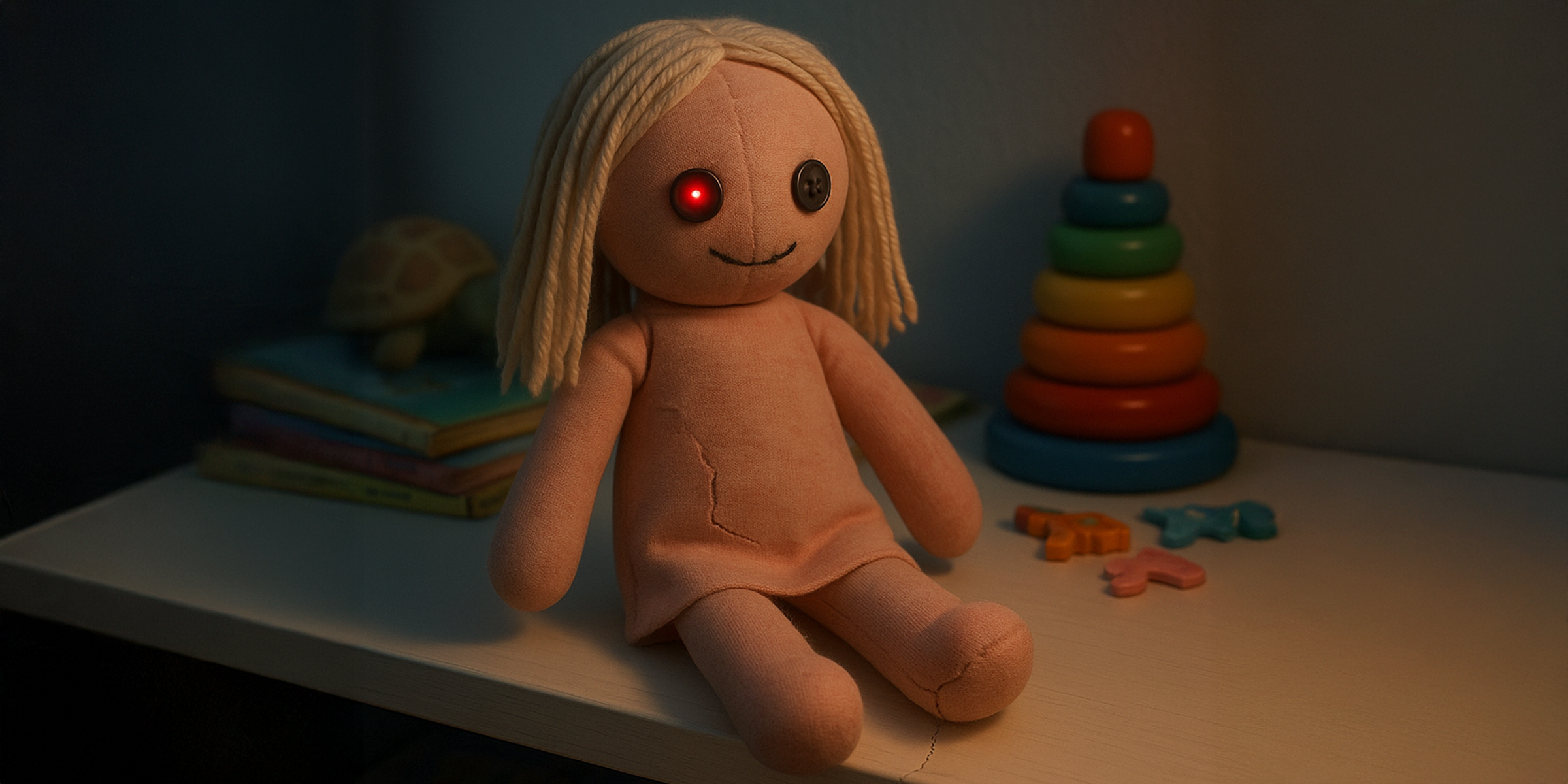 Una muñeca con una luz roja en el ojo | Fuente: Sora