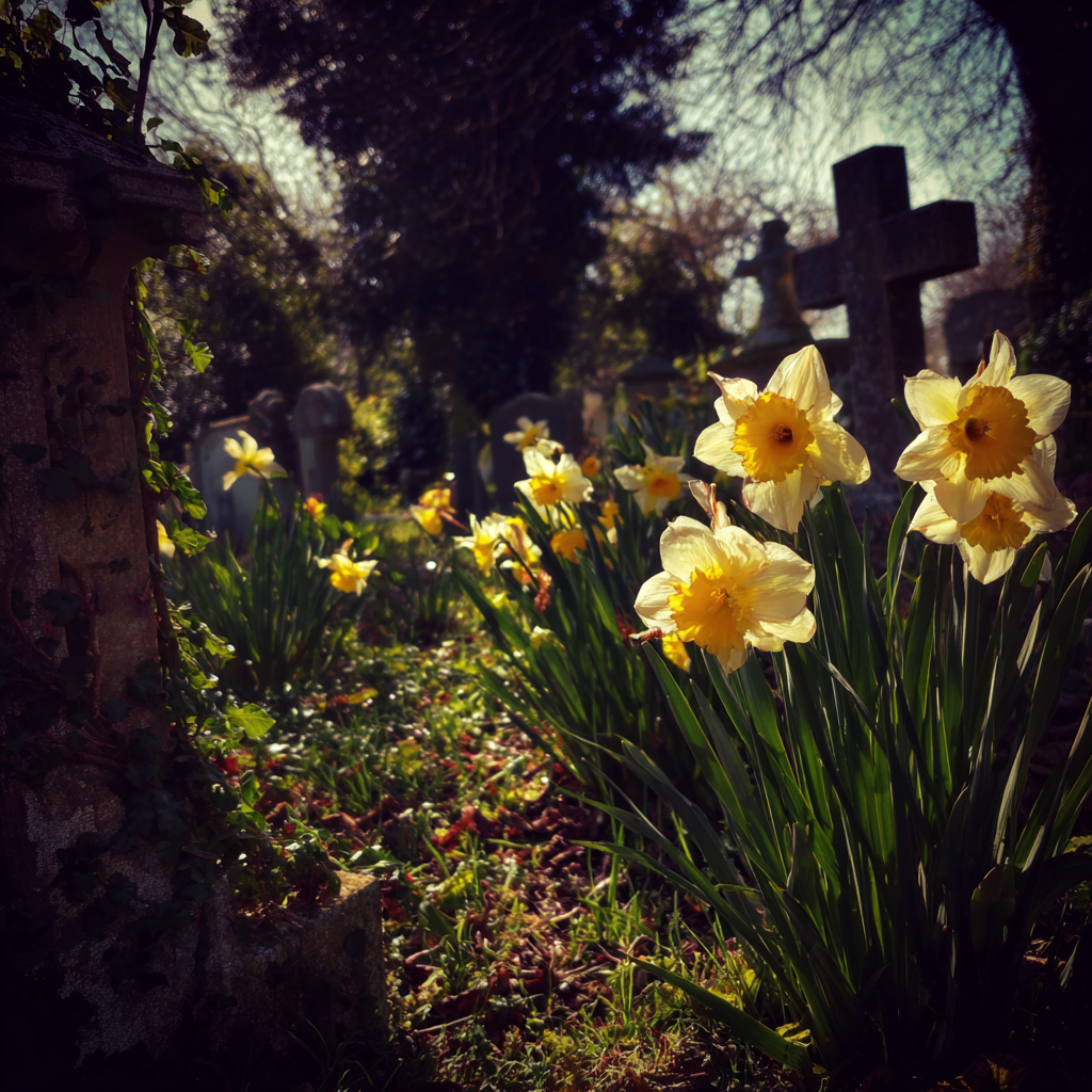 Narcisos amarillos creciendo en un cementerio | Fuente: Midjourney